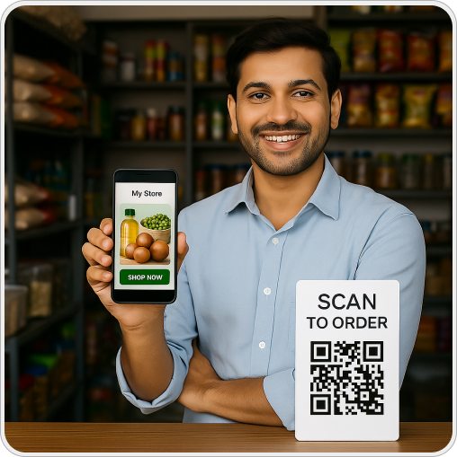 Kirana store owner showing digital store on mobile phone